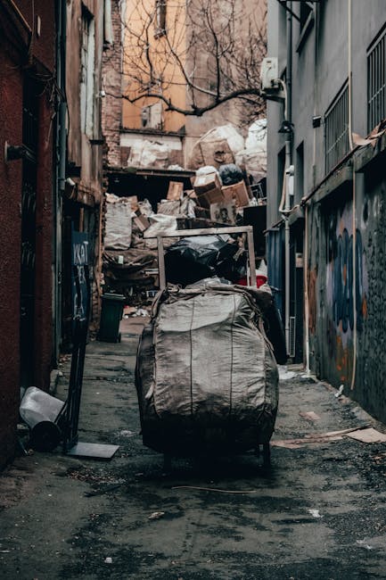 A narrow urban alleyway with uneven asphalt paving, cluttered with accumulated rubbish and debris. In the foreground, a large, weathered, and worn grey sack on wheels is positioned centrally, containing discarded items. Behind it, a makeshift pile of assorted waste materials such as cardboard boxes, plastic bags, and loose debris is stacked against a backdrop of bare trees and brick buildings. The alley is flanked by dark, aged walls covered in graffiti and grime, with some graffiti partially visible on the right side. To the left, metal fencing and a small black waste bin are visible, with scattered smaller pieces of rubbish around the ground. Overhead, a tangle of leafless tree branches extends into the scene. The lighting appears natural and subdued, consistent with an overcast day, highlighting the gritty, neglected atmosphere typical of alleyway rubbish accumulation intended for private waste removal, like that offered by Waste Collection Hounslow.